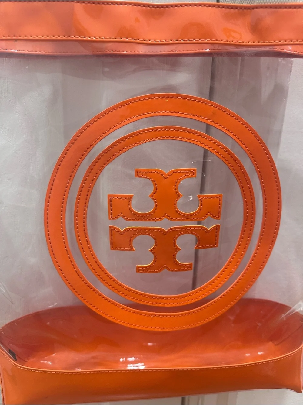Tory Burch Clear PVC Tote with Orange Trim and Logo